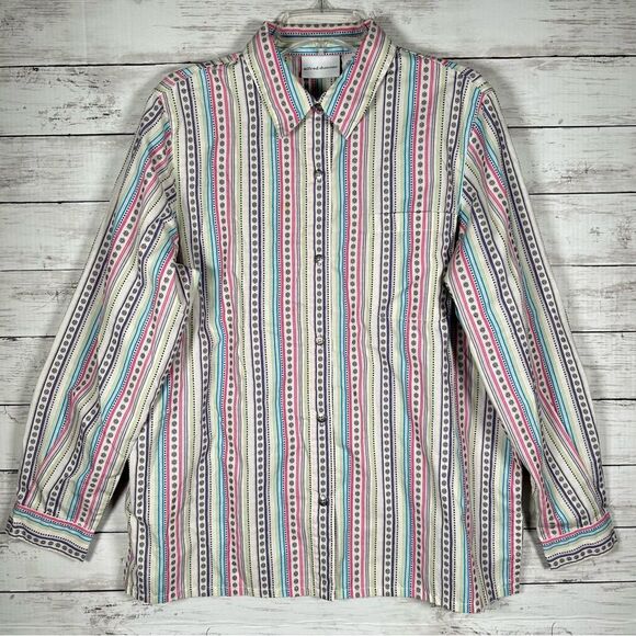 Alfred Dunner Whimsical Multi Stripe Button Up Shirt Cotton Poly Long Sleeve 18 - Picture 1 of 7
